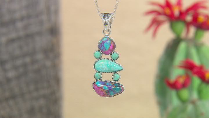 Blue Turquoise and Purple Spiny Oyster Shell Rhodium Over Sterling Silver Pendant with Chain Video Thumbnail