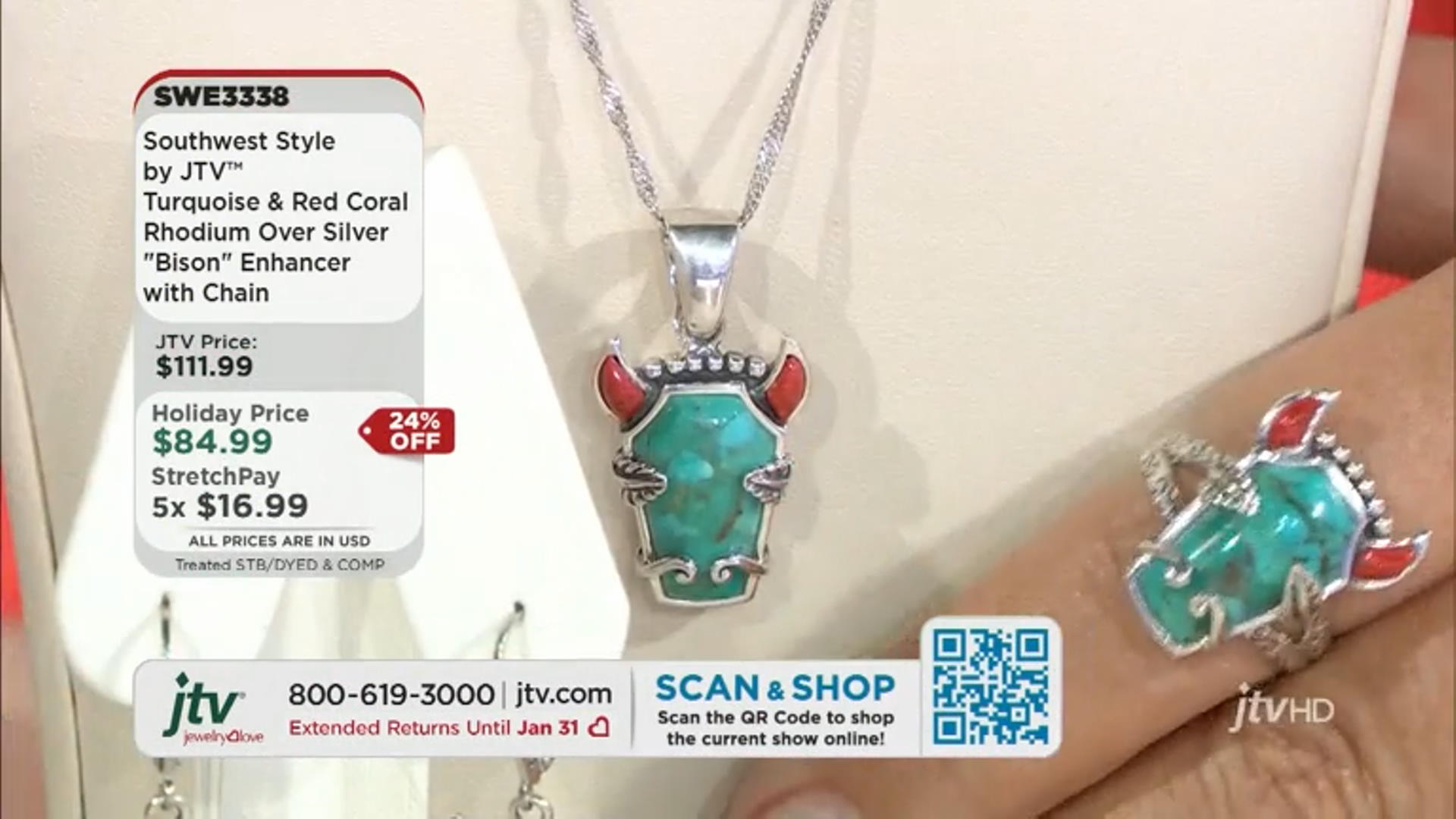 Blue Turquoise and Red Sponge Coral Rhodium Over Sterling Silver Bison Enhancer with Chain Video Thumbnail