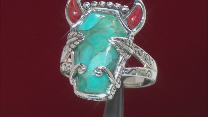 Blue Turquoise and Red Sponge Coral Rhodium Over Silver Bison Ring Video Thumbnail