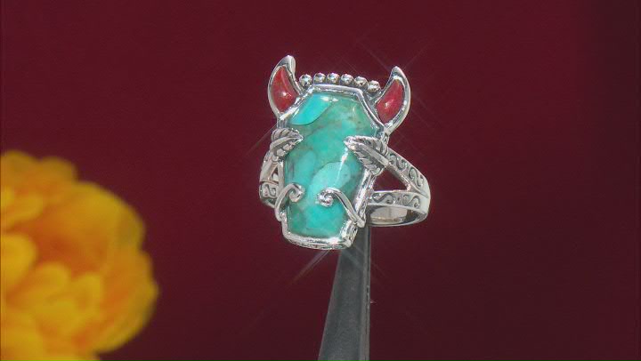 Blue Turquoise and Red Sponge Coral Rhodium Over Silver Bison Ring Video Thumbnail