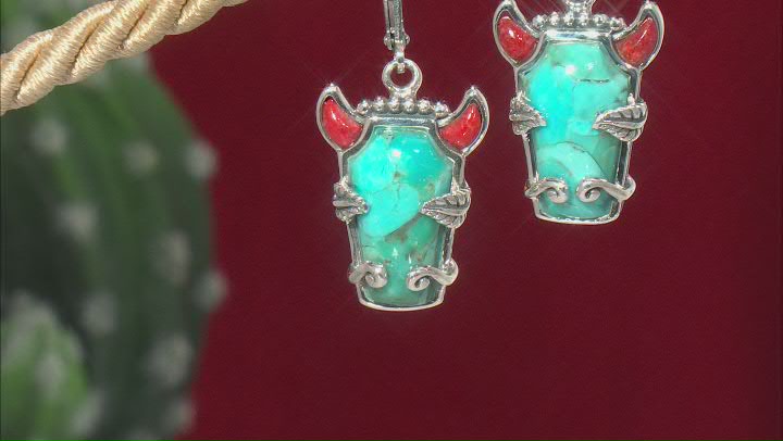 Blue Turquoise and Red Sponge Coral Sterling Silver Bison Earrings Video Thumbnail