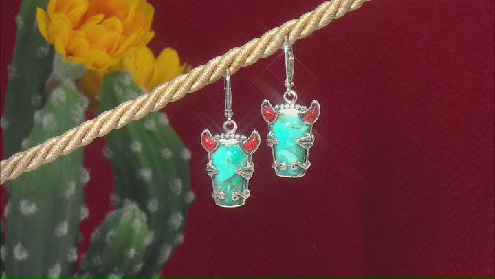 Blue Turquoise and Red Sponge Coral Rhodium Over Silver Bison Earrings Video Thumbnail