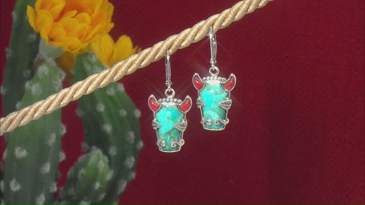 Blue Turquoise and Red Sponge Coral Sterling Silver Bison Earrings Video Thumbnail