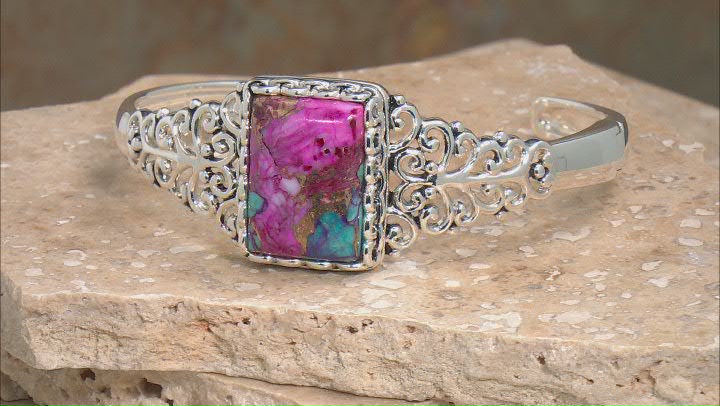 Blended Turquoise and Purple Spiny Oyster Shell Sterling Silver Hinged Cuff Video Thumbnail
