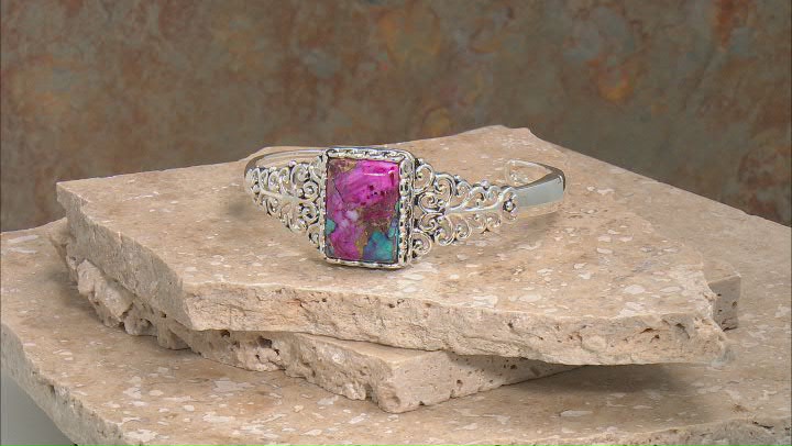 Blended Turquoise and Purple Spiny Oyster Shell Sterling Silver Hinged Cuff Video Thumbnail