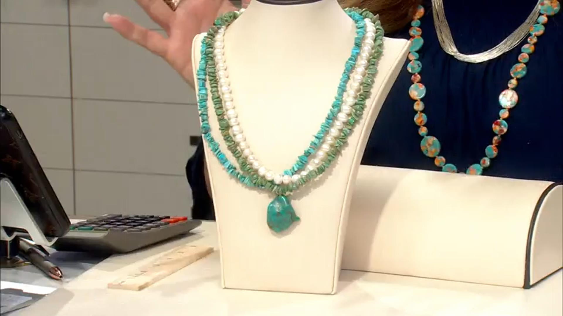 Mixed Shape Green Turquoise With Cultured Freshwater Pearl Sterling Silver Necklace Video Thumbnail