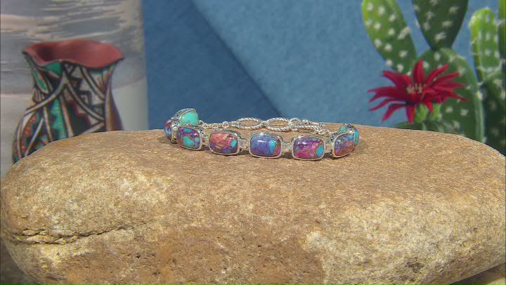 Multi Color Spiny Oyster With Turquoise Rhodium Over Sterling Silver Reversible Bracelet Video Thumbnail