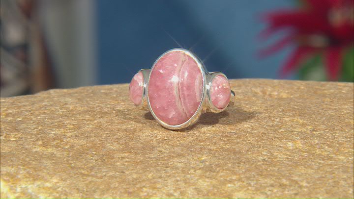 Pink Rhodochrosite Three Stone Rhodium Over Sterling Silver Ring Video Thumbnail