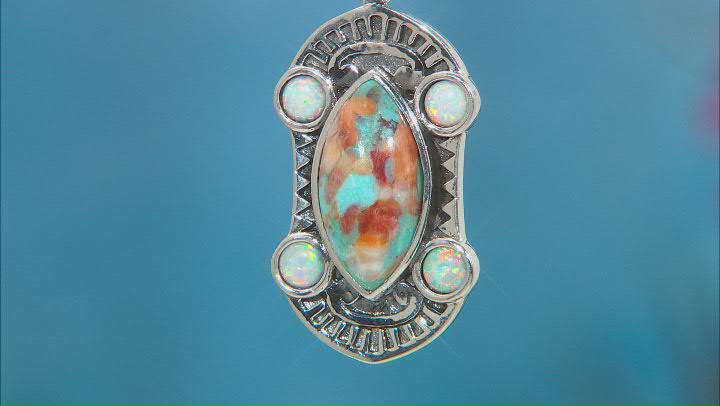 Blue Blended Turquoise With Spiny Oyster Shell and Lab Opal Rhodium Over Silver Pendant Video Thumbnail