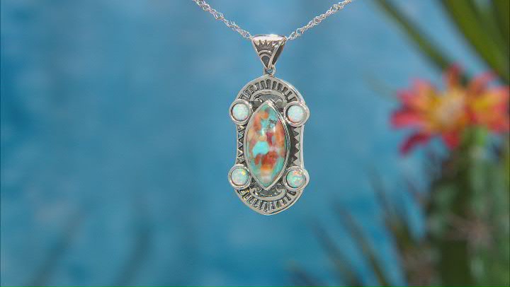Blue Blended Turquoise With Spiny Oyster Shell and Lab Opal Rhodium Over Silver Pendant Video Thumbnail