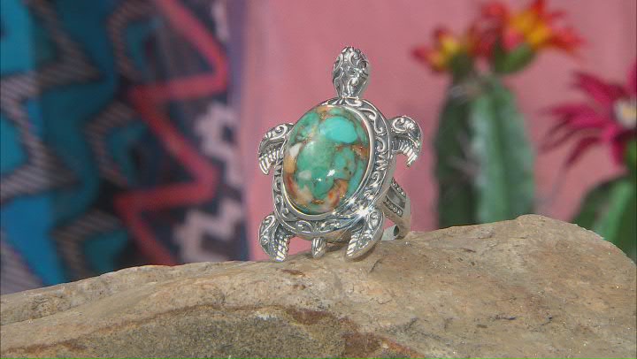 Blended Orange Spiny Oyster Shell and Blue Turquoise Sterling Silver Turtle Ring Video Thumbnail