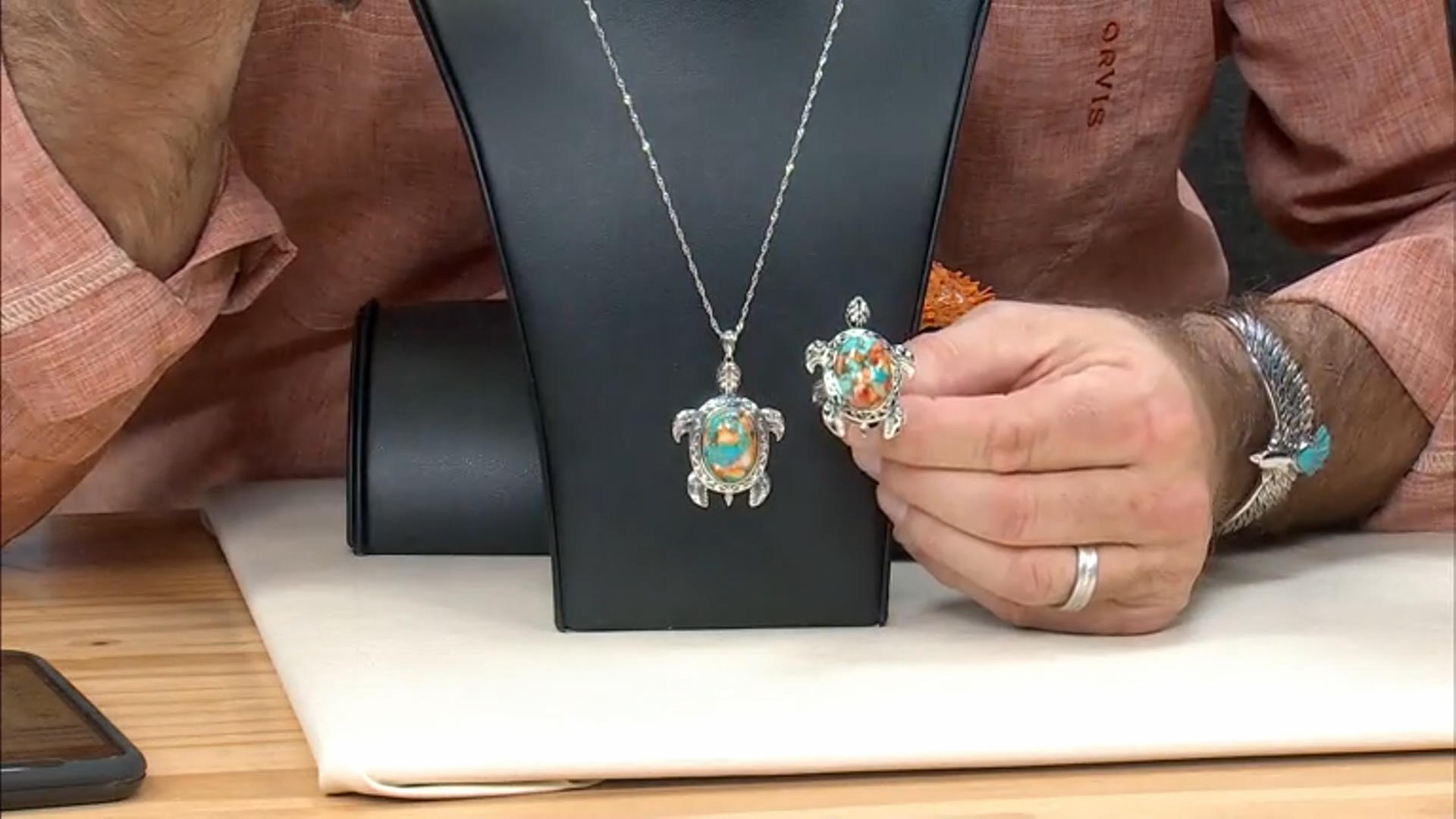 Blended Orange Spiny Oyster Shell and Turquoise Sterling Silver Turtle Pendant Video Thumbnail