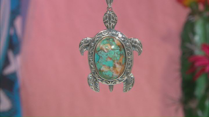 Blended Orange Spiny Oyster Shell and Turquoise Sterling Silver Turtle Pendant Video Thumbnail