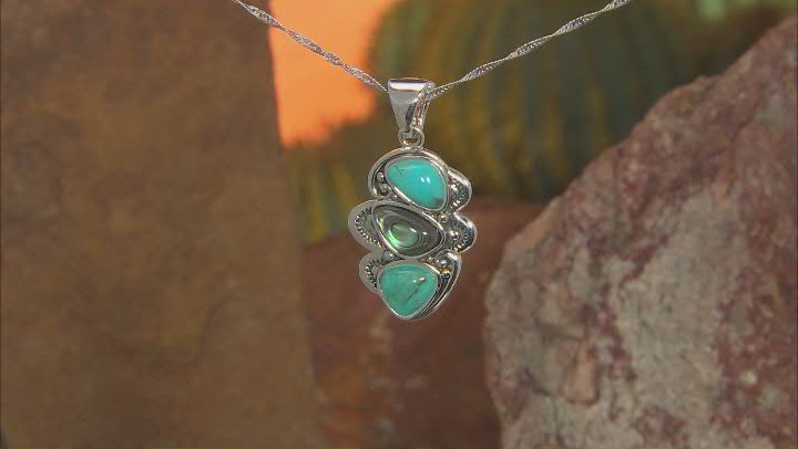 Blue Turquoise and Abalone Shell Rhodium Over Sterling Silver Enhancer With Chain Video Thumbnail