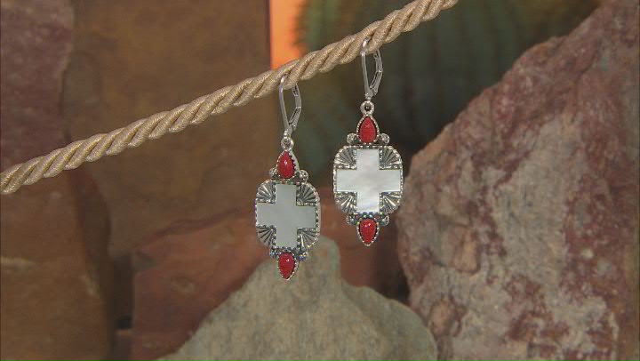 White Mother-of-Pearl Cross with Red Coral Rhodium Over Sterling Silver Earrings Video Thumbnail