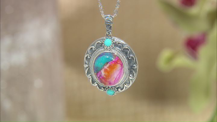 Blended Multi- Color Spiny Oyster Shell With Sleeping Beauty Turquoise Rhodium Over Silver Pendant Video Thumbnail