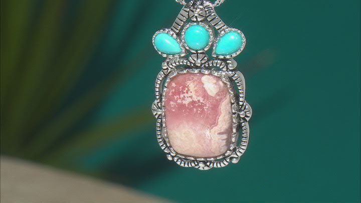 Rhodochrosite and Blue Sleeping Beauty Turquoise Silver Pendant With Chain Video Thumbnail