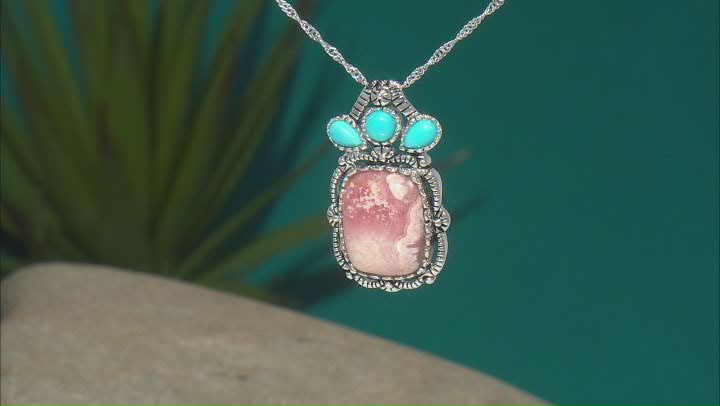 Rhodochrosite and Blue Sleeping Beauty Turquoise Silver Pendant With Chain Video Thumbnail