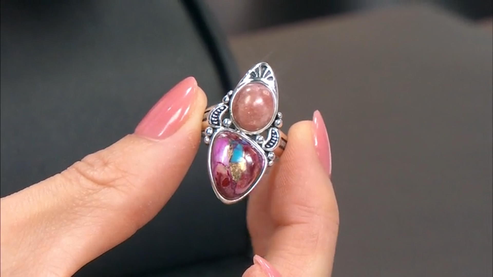 Rhodochrosite with Blended Turquoise & Purple Spiny Oyster Shell Sterling Silver Ring Video Thumbnail