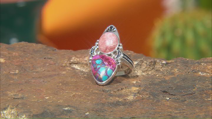 Rhodochrosite with Blended Turquoise & Purple Spiny Oyster Shell Sterling Silver Ring Video Thumbnail