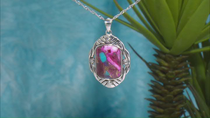 Blended Purple Spiny Oyster Shell With Turquoise Silver Pendant With Chain Video Thumbnail
