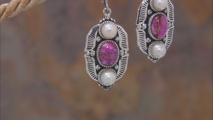 Purple Spiny Oyster Shell with Cultured Freshwater Pearl Sterling Silver Earrings Video Thumbnail