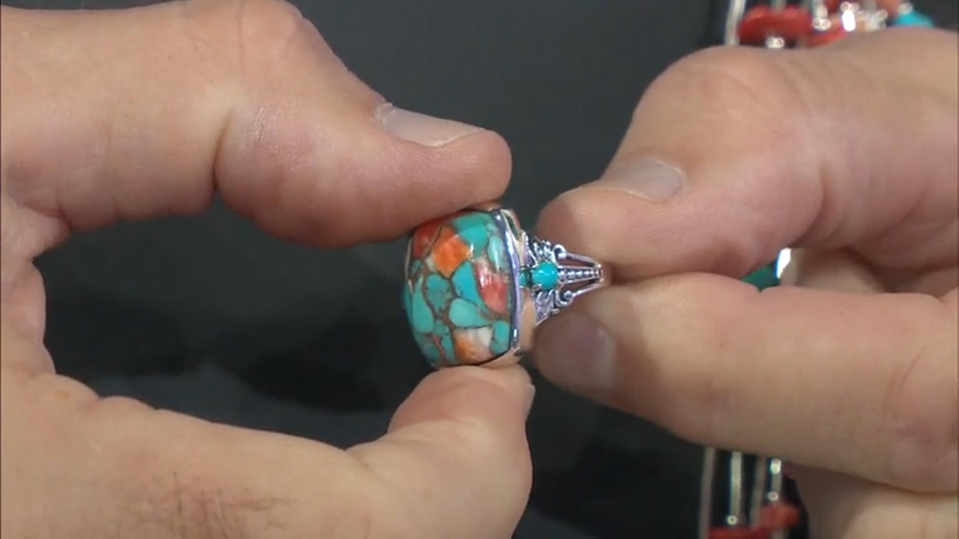 Blended Orange Spiny Oyster With Blue Turquoise and Sleeping Beauty Turquoise Silver Ring Video Thumbnail