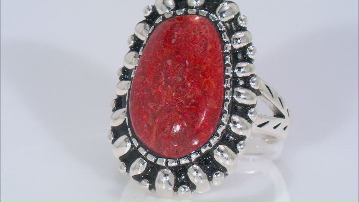 Red Sponge Coral Rhodium Over Sterling Silver Ring Video Thumbnail