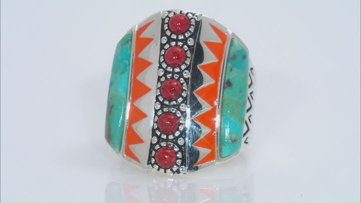 Red Sponge Coral with Blue Turquoise and Orange Enamel Rhodium Over Silver Ring Video Thumbnail