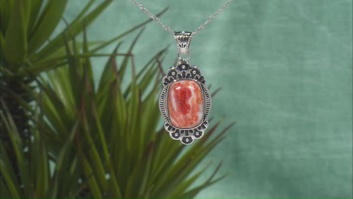 Orange Spiny Oyster Shell Rhodium Over Sterling Silver Pendant With Chain Video Thumbnail