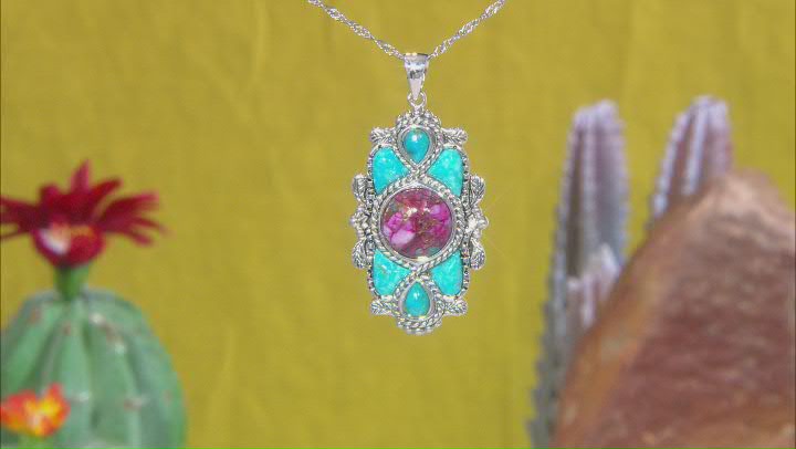 Blended Purple Spiny Oyster Shell With Turquoise Rhodium Over Silver Pendant Video Thumbnail