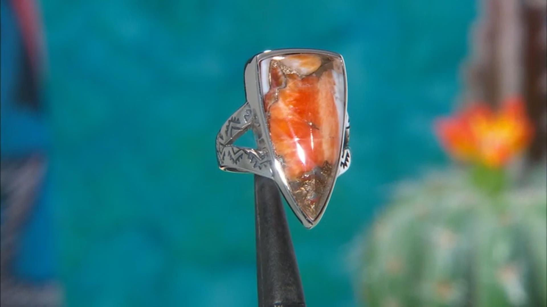 Orange Spiny Oyster Shell Rhodium Over Sterling Silver Arrowhead Ring Video Thumbnail