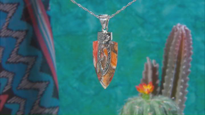 Orange Spiny Oyster Rhodium Over Sterling Silver Arrowhead Enhancer Video Thumbnail