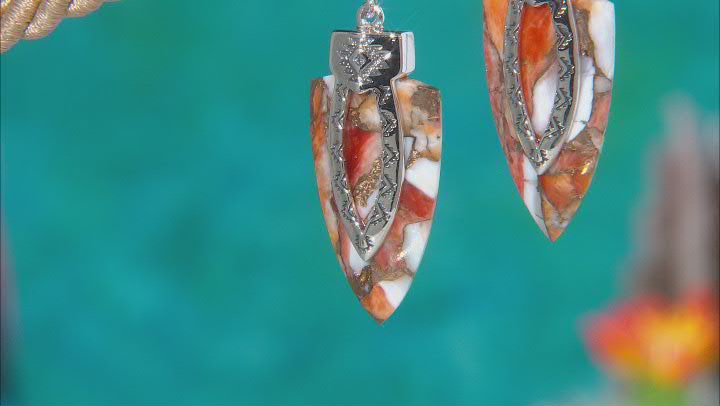 Orange Spiny Oyster Shell Rhodium Over Sterling Silver Arrowhead Earrings Video Thumbnail