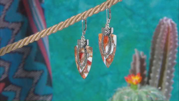 Orange Spiny Oyster Shell Rhodium Over Sterling Silver Arrowhead Earrings Video Thumbnail