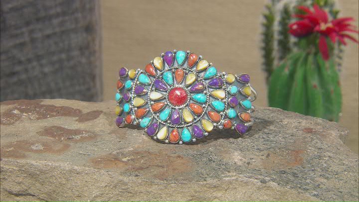 Multi-Color Turquoise, Mother-Of-Pearl & Red Bamboo Coral Sterling Silver Bracelet Video Thumbnail