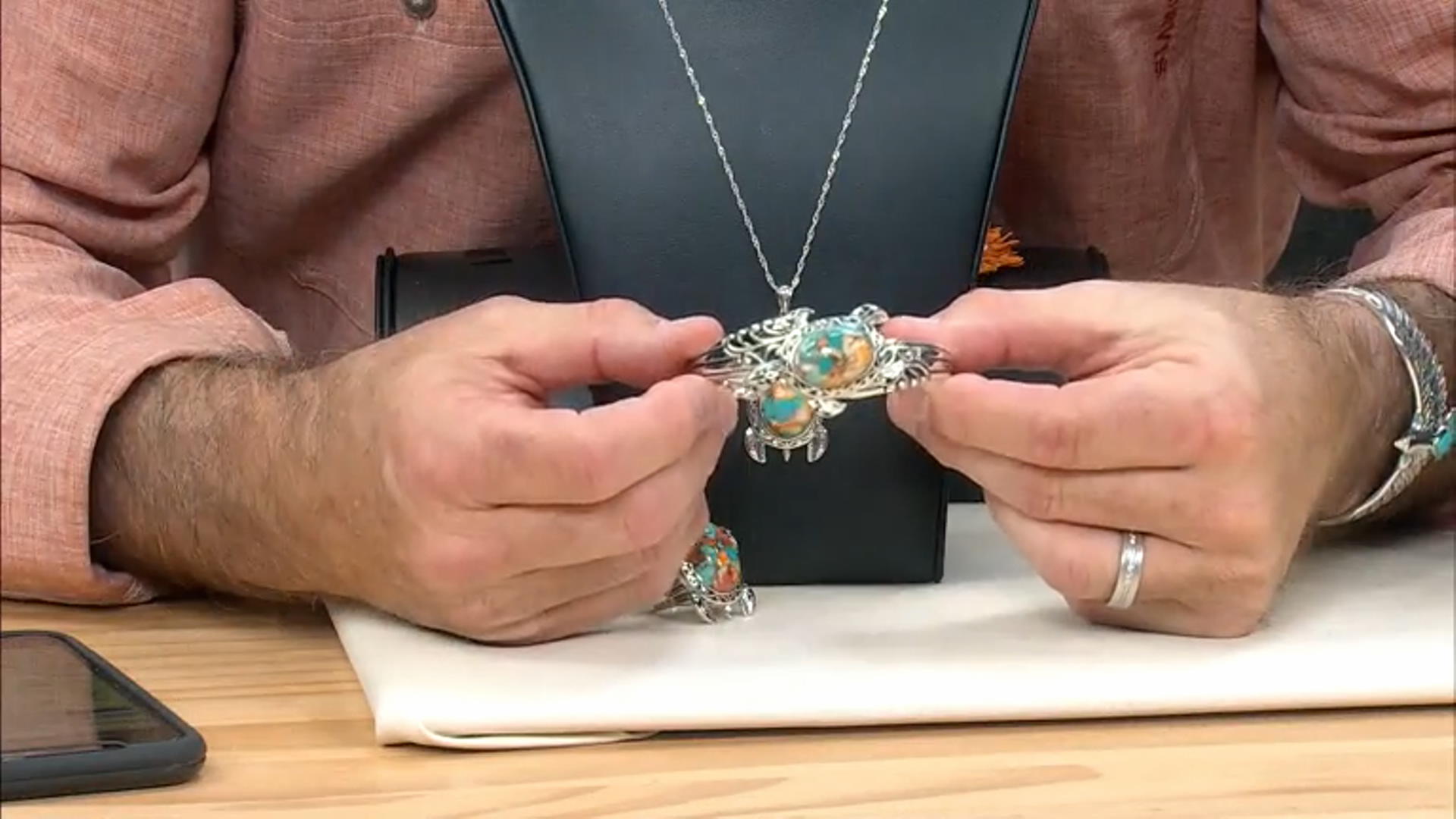 Blended Spiny Oyster Shell and Turquoise Rhodium Over Sterling Silver Turtle Cuff Video Thumbnail