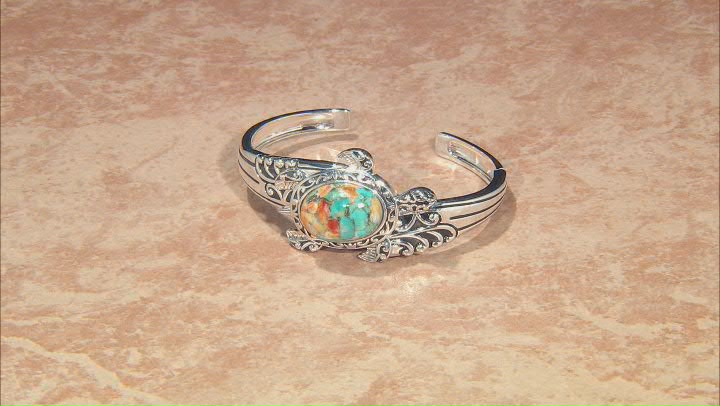 Blended Spiny Oyster Shell and Turquoise Rhodium Over Sterling Silver Turtle Cuff Video Thumbnail