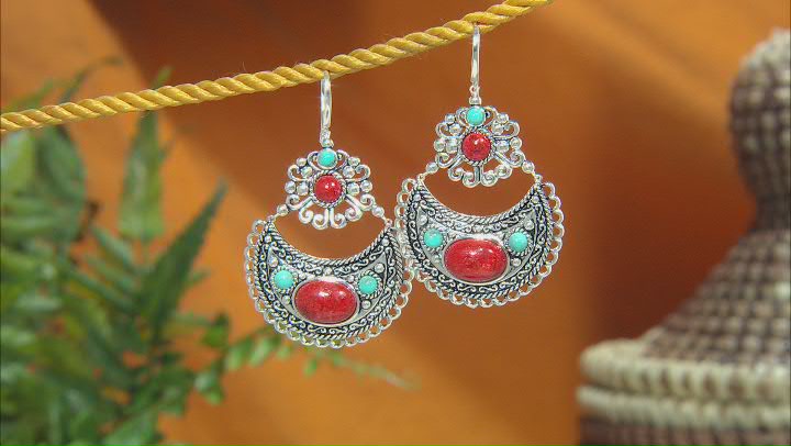 Red Sponge Coral And Turquoise Rhodium Over Brass Earrings Video Thumbnail