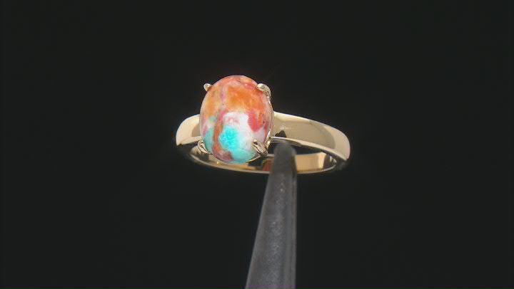 Blended Turquoise and Orange Spiny Oyster Shell 18k Yellow Gold Over Sterling Silver Ring Video Thumbnail