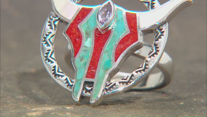 Mother-of-Pearl, Coral, Turquoise & Amethyst Rhodium Over Silver Bull Ring 0.11ctw Video Thumbnail