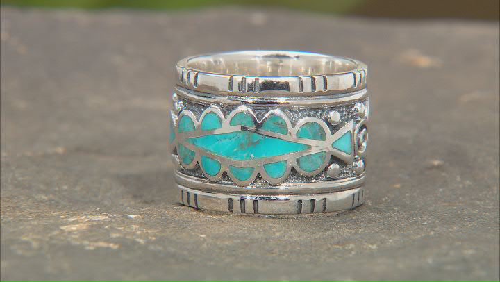Blue Turquoise Inlay Rhodium Over Sterling Silver Band Ring Video Thumbnail