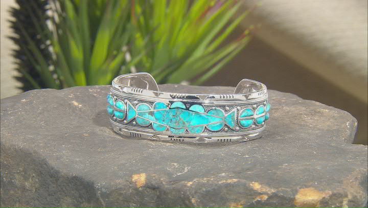 Blue Turquoise Inlay Sterling Silver Cuff Bracelet Video Thumbnail