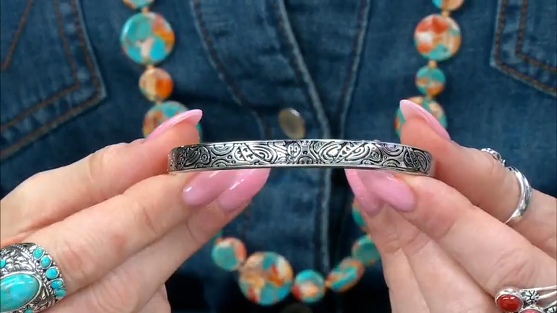 Rhodium Over Sterling Silver Tribal Design Cuff Bracelet Video Thumbnail