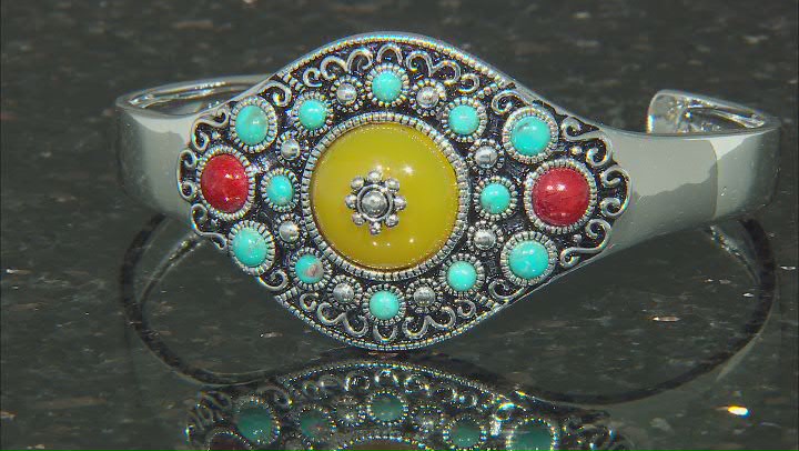 Yellow Onyx, Red Sponge Coral and Turquoise Silver Tone Bangle Video Thumbnail