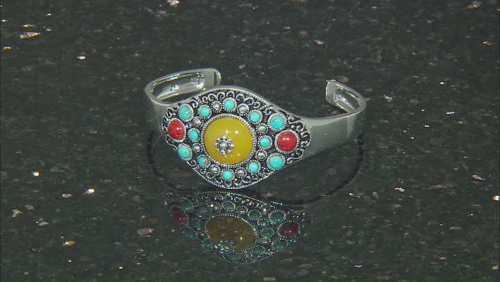 Yellow Onyx, Red Sponge Coral and Turquoise Silver Tone Bangle Video Thumbnail