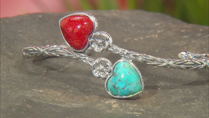 Blue Turquoise and Coral Rhodium Over Sterling Silver 2-Stone Bypass Bracelet Video Thumbnail