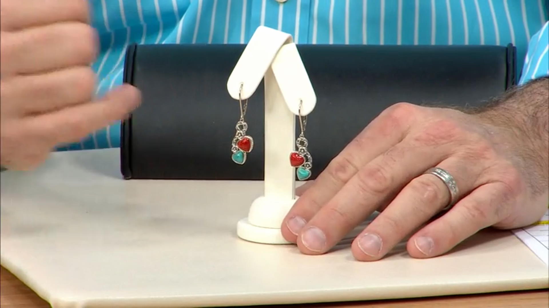 Blue Turquoise and Coral Rhodium Over Sterling Silver 2-Stone Earrings Video Thumbnail