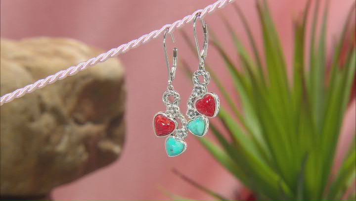 Blue Turquoise and Coral Rhodium Over Sterling Silver 2-Stone Earrings Video Thumbnail