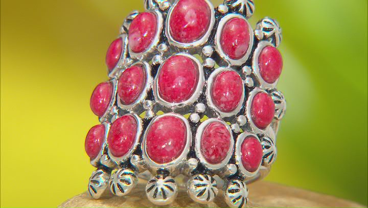 Red Sponge Coral Multi-Row Rhodium Over Sterling Silver Ring Video Thumbnail